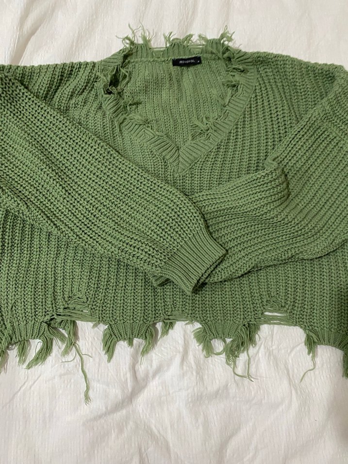 Yeşil V Yaka Örgü Salaş Kazak - Görsel 2