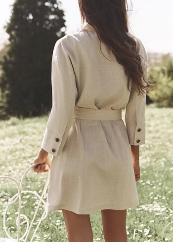 Zara Bej Kemerli Keten Mini Elbise