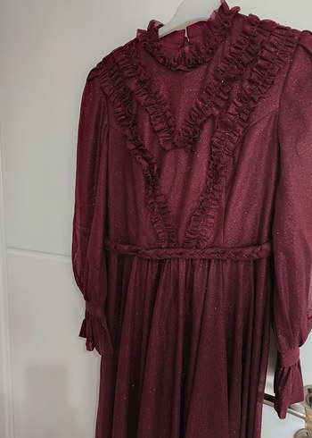 36 Beden Bordo Uzun Kollu Fırfırlı Vintage Elbise