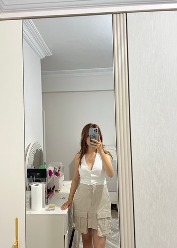 Quzu Bej Cep Detaylı Kadın Mini Etek