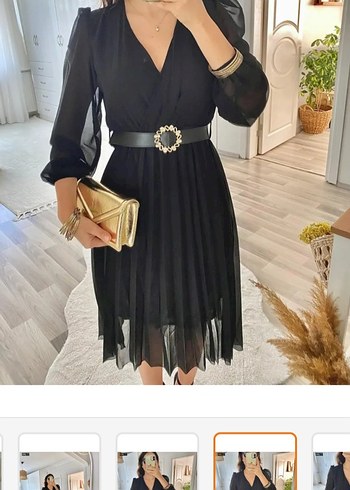 Siyah V Yaka Kemerli Uzun Abiye Elbise