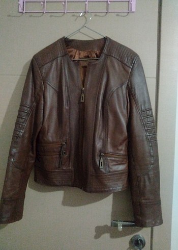 Kahverengi Kadın Deri Biker Ceket