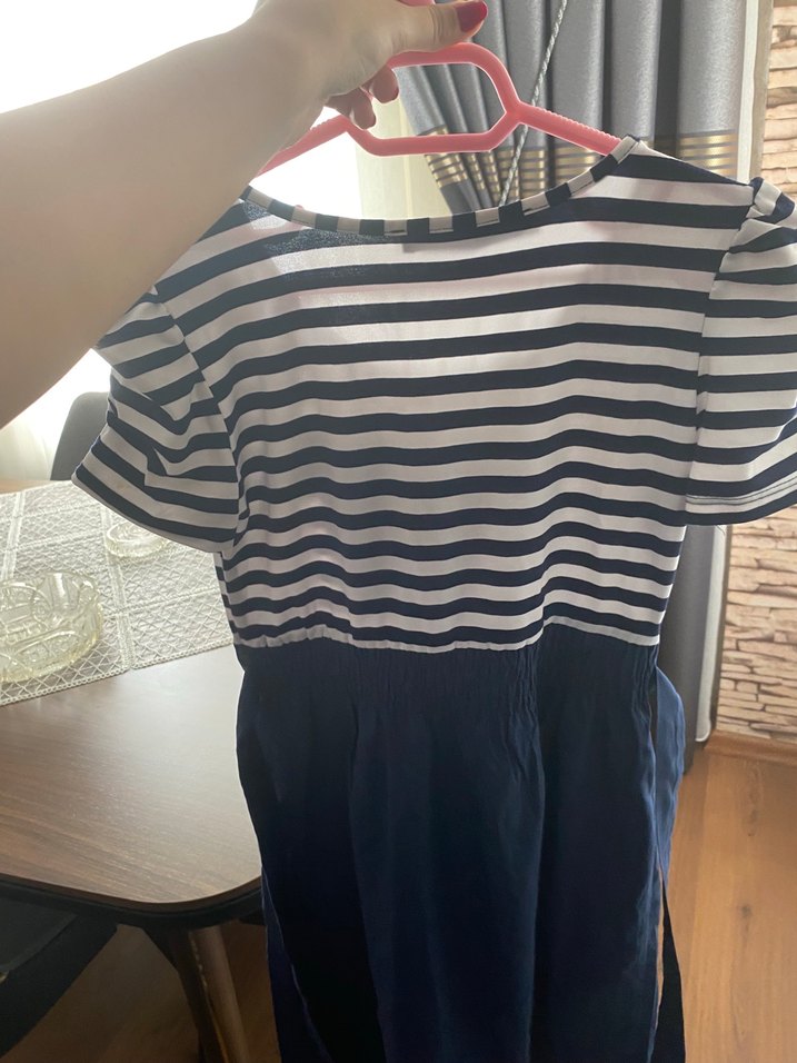 Düğmeli Çizgili Hamile Midi Elbise - Görsel 2