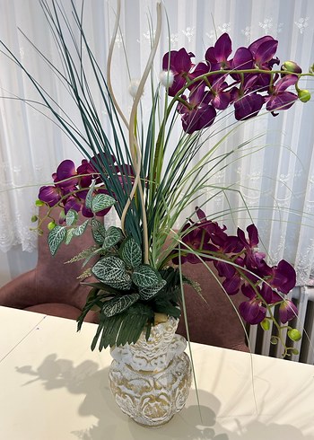 Yapay Mor Orkide ve Yeşil Yapraklı Dekoratif Vazo - Görsel 2