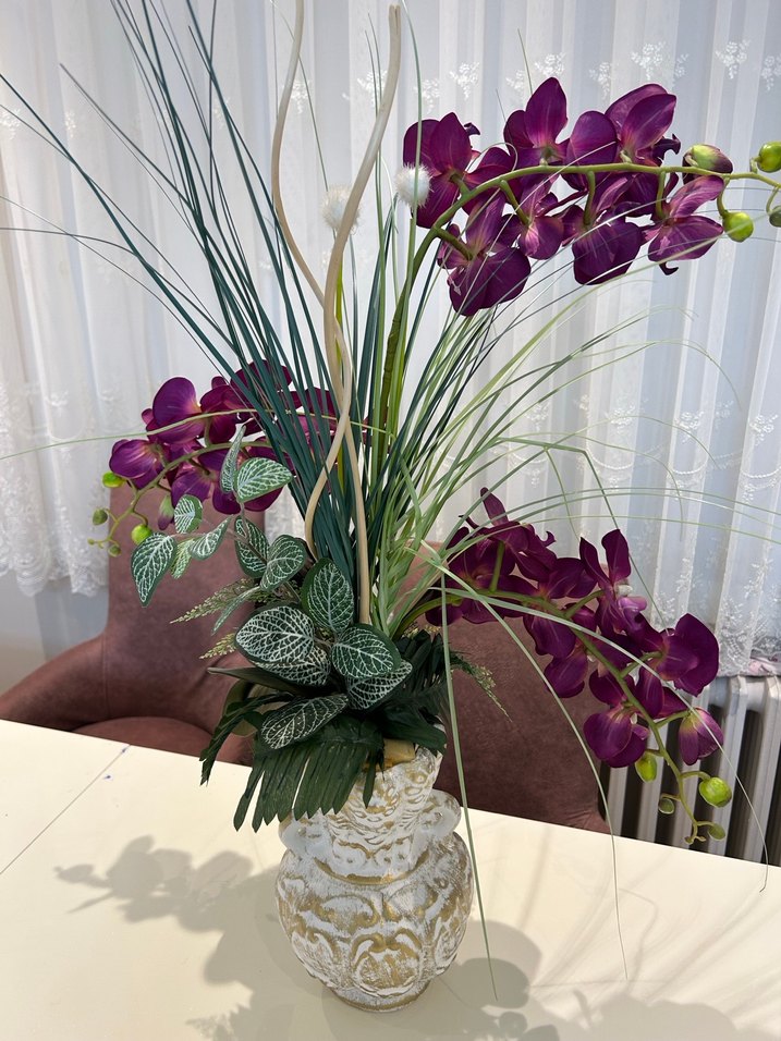 Yapay Mor Orkide ve Yeşil Yapraklı Dekoratif Vazo - Görsel 2