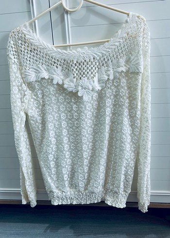 Dantel Detaylı krem Bohem Uzun Kollu Bluz - Görsel 4