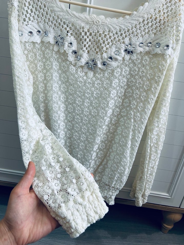 Dantel Detaylı krem Bohem Uzun Kollu Bluz - Görsel 2