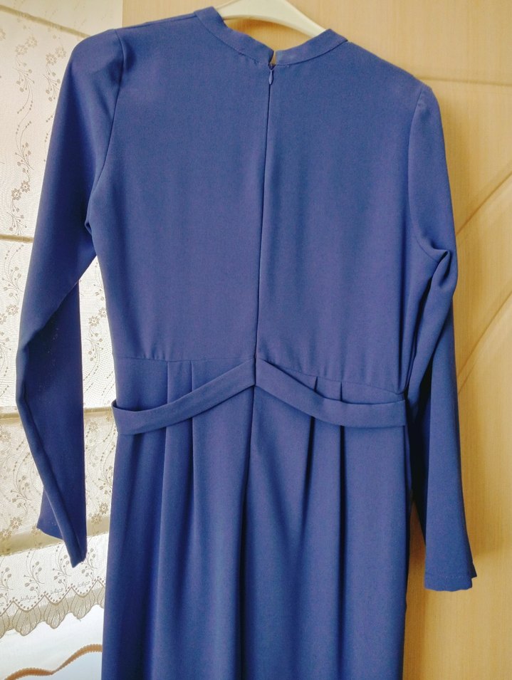 Uzun Kollu Drapeli Mavi Kadın Elbise - Görsel 3