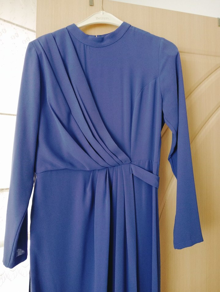 Uzun Kollu Drapeli Mavi Kadın Elbise - Görsel 2
