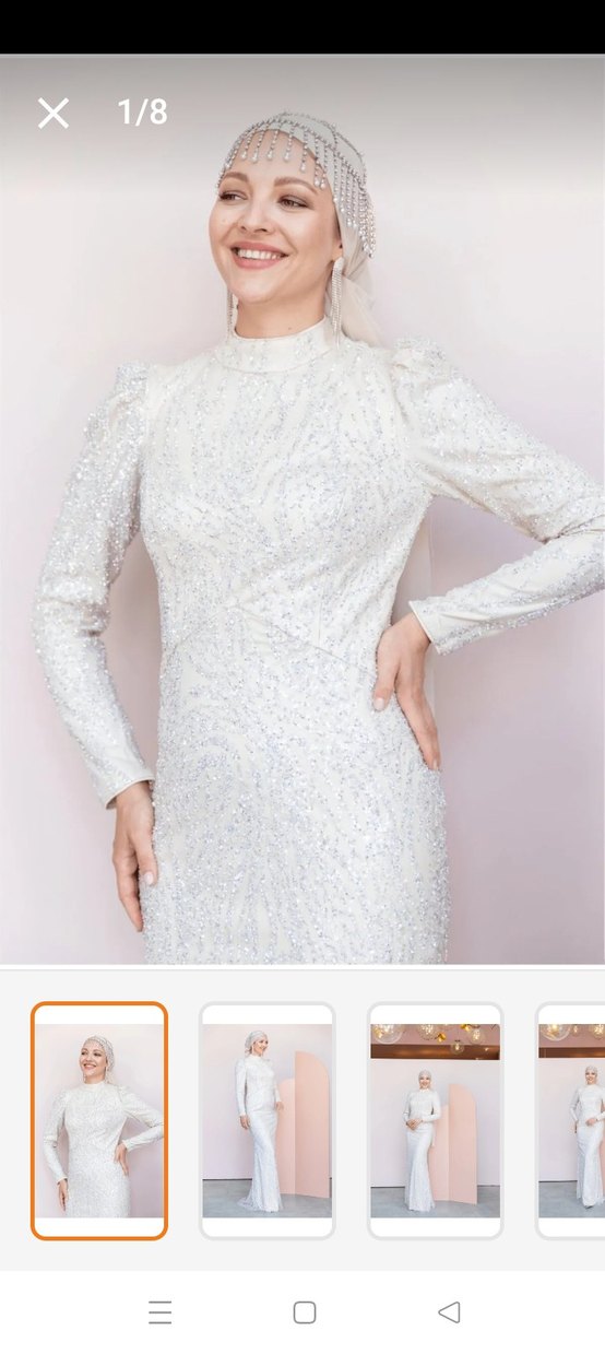 Dantel Detaylı Beyaz Uzun Kollu Uzun Abiye - Görsel 2