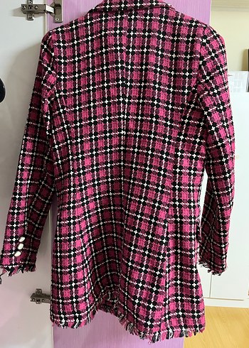 Pembe Ekose Düğmeli Midi Kadın Blazer - Görsel 3