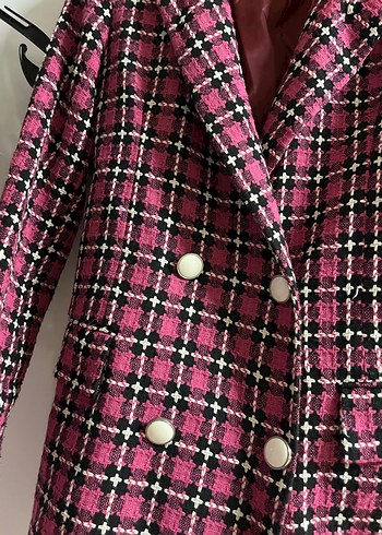 Pembe Ekose Düğmeli Midi Kadın Blazer - Görsel 4