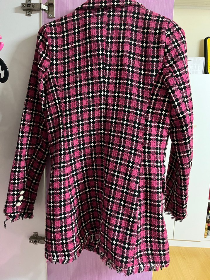 Pembe Ekose Düğmeli Midi Kadın Blazer - Görsel 3