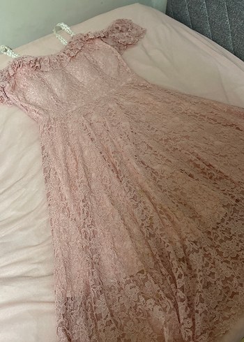 Pudra Pembe Dantel Uzun Abiye Elbise - Görsel 4