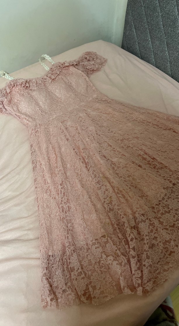 Pudra Pembe Dantel Uzun Abiye Elbise - Görsel 4