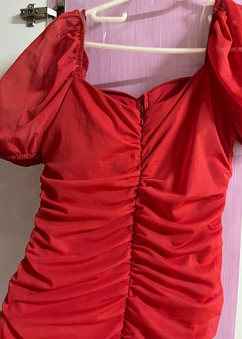 Kırmızı Drapeli Midi Kadın Abiye Elbise - Görsel 3