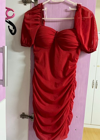 Kırmızı Drapeli Midi Kadın Abiye Elbise - Görsel 2