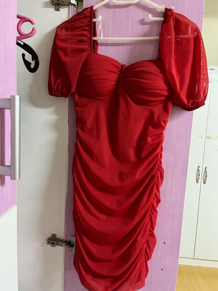 Kırmızı Drapeli Midi Kadın Abiye Elbise - Görsel 2