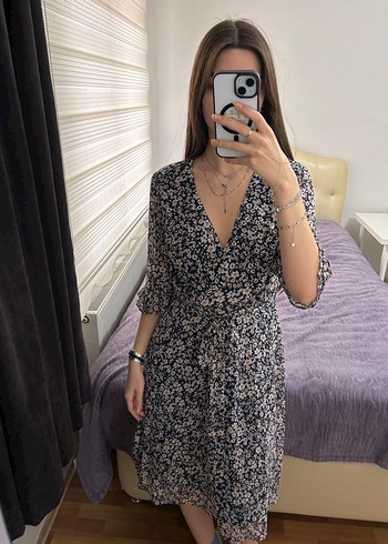 V Yaka Midi Bohem Gri Elbise - Görsel 2