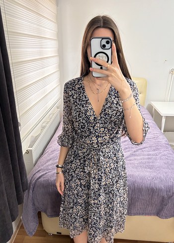 V Yaka Midi Bohem Gri Elbise - Görsel 3