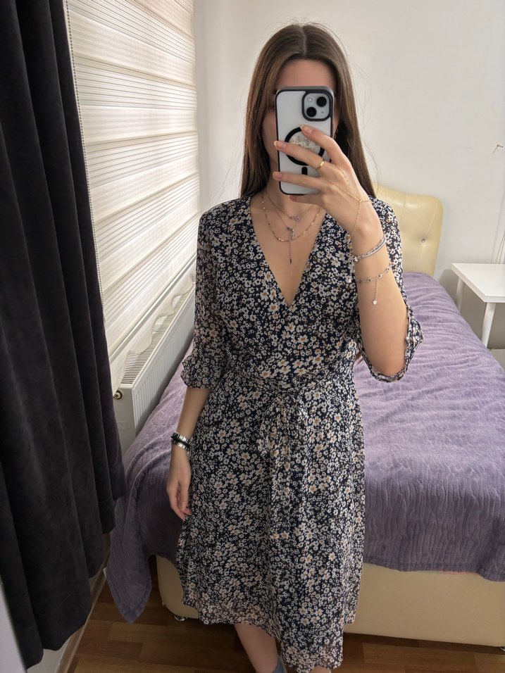 V Yaka Midi Bohem Gri Elbise - Görsel 2