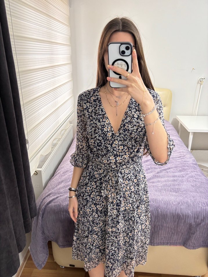 V Yaka Midi Bohem Gri Elbise - Görsel 3