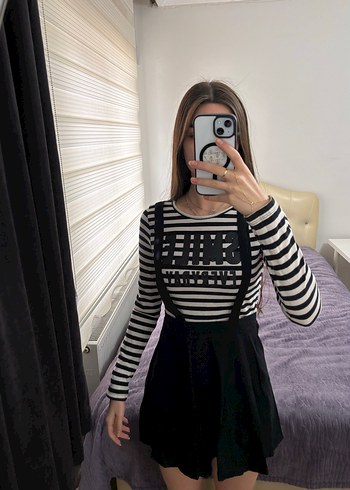 Çizgili Straplez Siyah Midi Elbise - Görsel 2