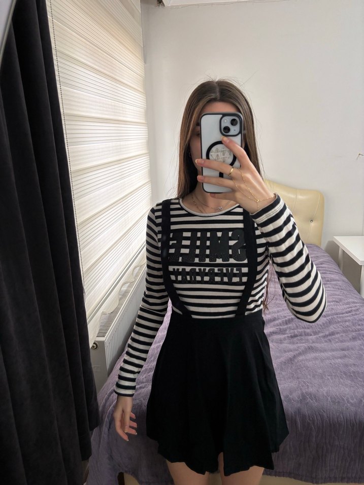 Çizgili Straplez Siyah Midi Elbise - Görsel 2