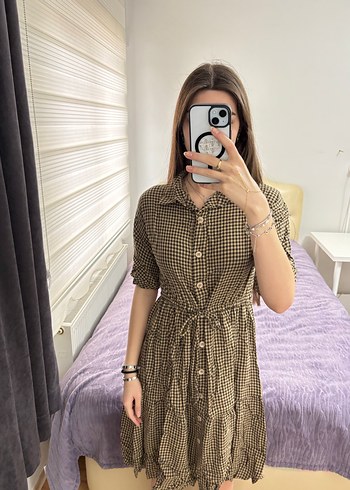 Düğmeli Kahverengi Kareli Midi Elbise - Görsel 2