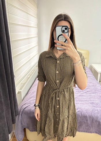 Düğmeli Kahverengi Kareli Midi Elbise - Görsel 3