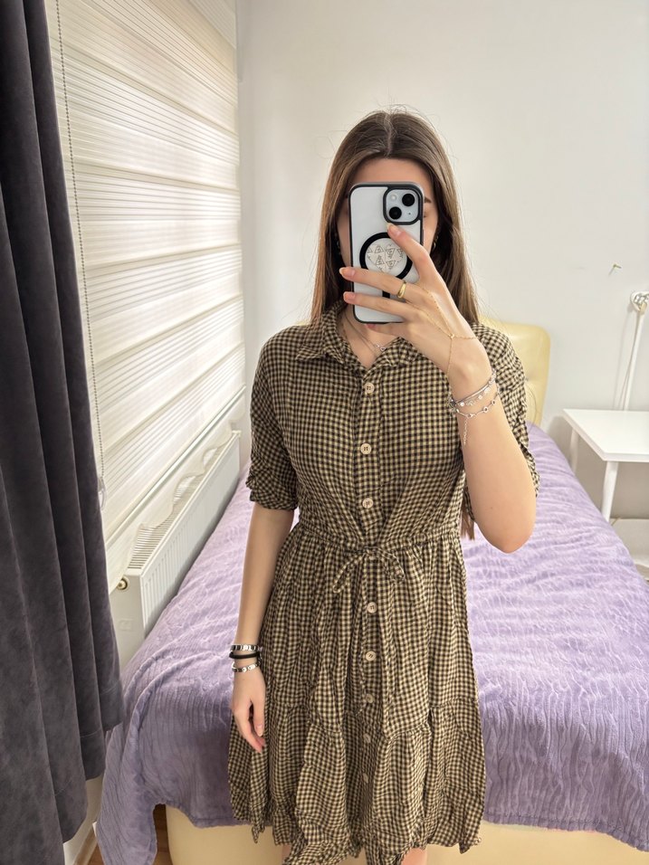 Düğmeli Kahverengi Kareli Midi Elbise - Görsel 2