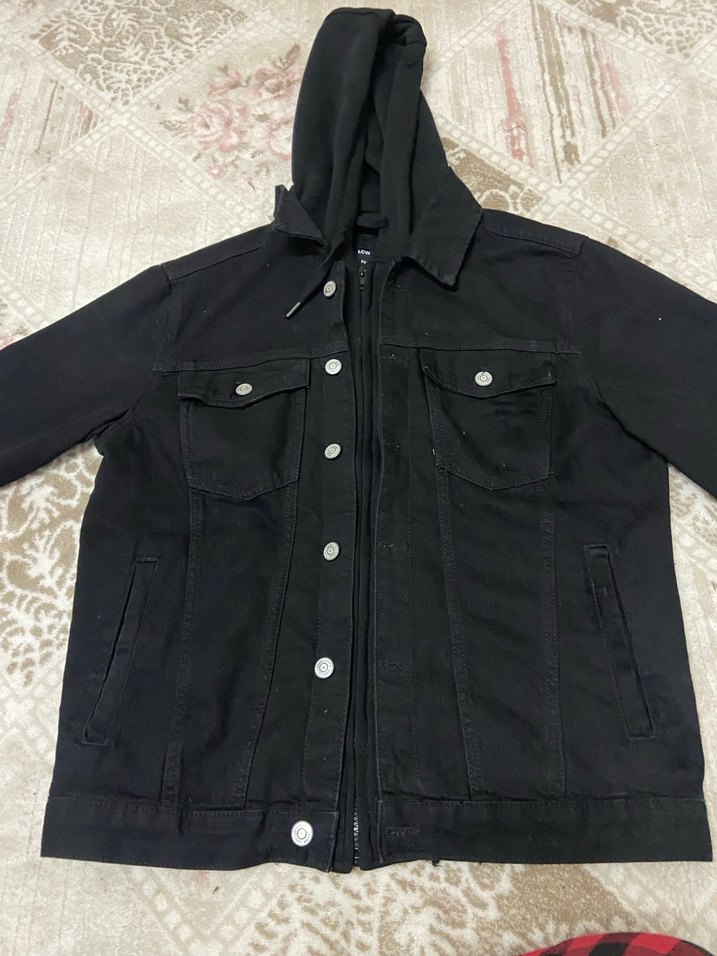 Siyah Düğmeli fermuarlı  erkek Denim Ceket kapşonlu - Görsel 4
