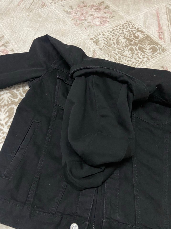 Siyah Düğmeli fermuarlı  erkek Denim Ceket kapşonlu - Görsel 2