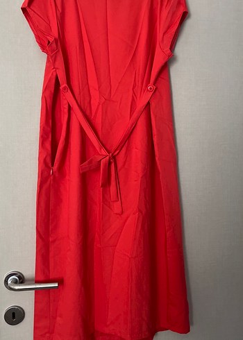 Kırmızı Midi Keten Elbise - Görsel 3