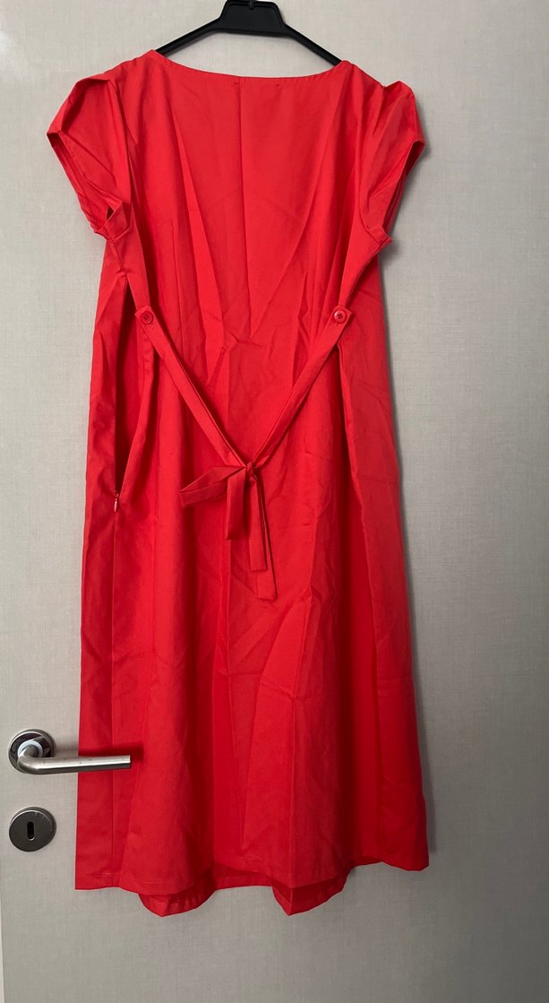 Kırmızı Midi Keten Elbise - Görsel 3