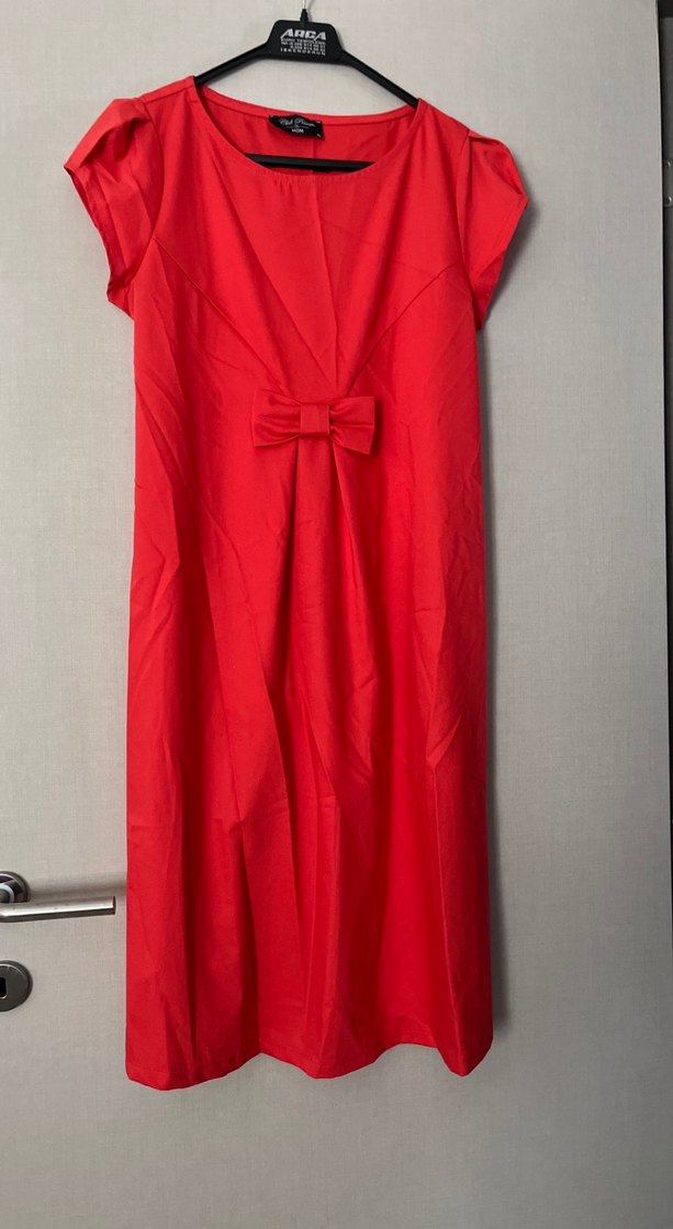 Kırmızı Midi Keten Elbise - Görsel 2