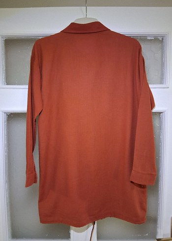 Düğmeli Kiremit renk Keten Kadın Gömlek - Görsel 2