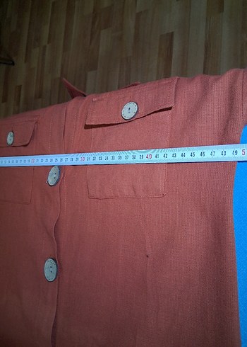 Düğmeli Kiremit renk Keten Kadın Gömlek - Görsel 4