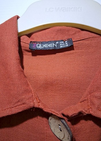 Düğmeli Kiremit renk Keten Kadın Gömlek - Görsel 3