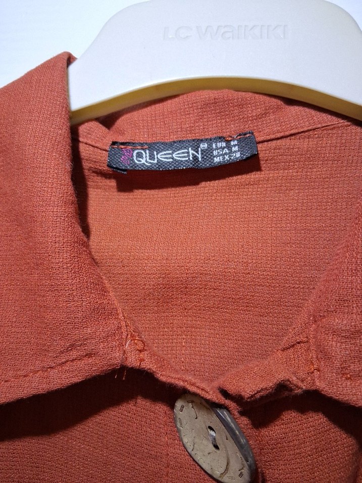 Düğmeli Kiremit renk Keten Kadın Gömlek - Görsel 3