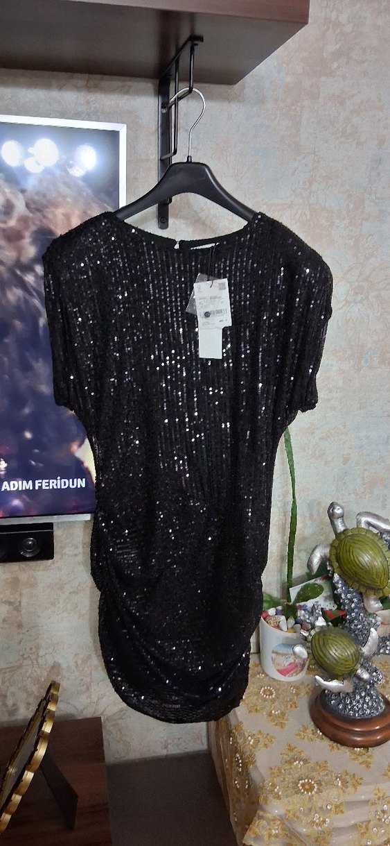 Siyah Mini Payetli Kısa  Elbise - Görsel 5