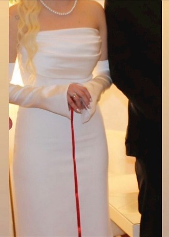 Uzun Kollu Straplez Beyaz nişan söz elbisesi - Görsel 2