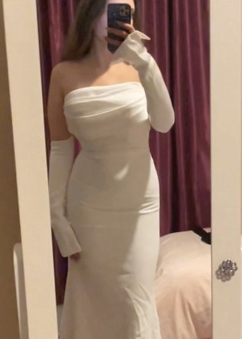 Uzun Kollu Straplez Beyaz nişan söz elbisesi - Görsel 3