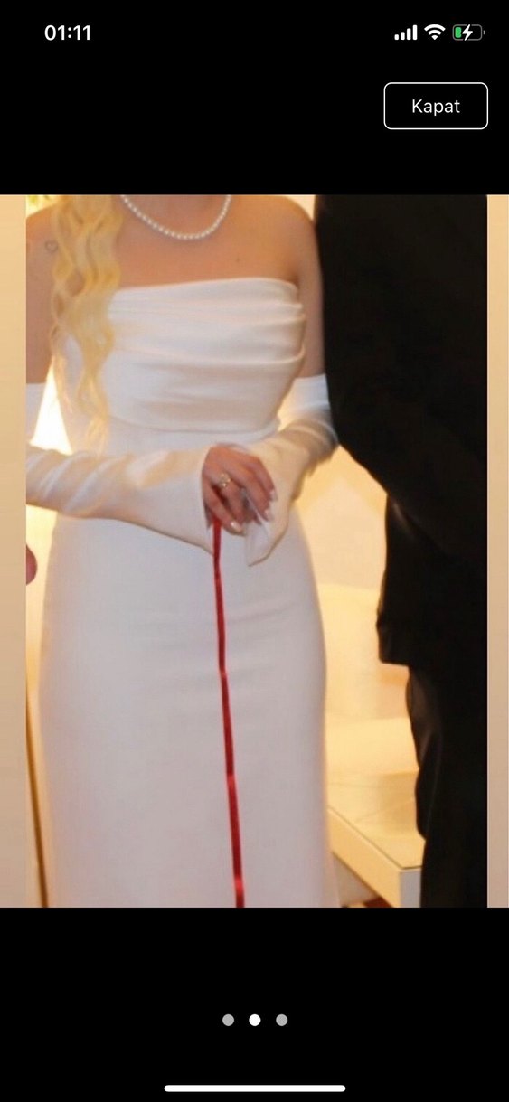 Uzun Kollu Straplez Beyaz nişan söz elbisesi - Görsel 2