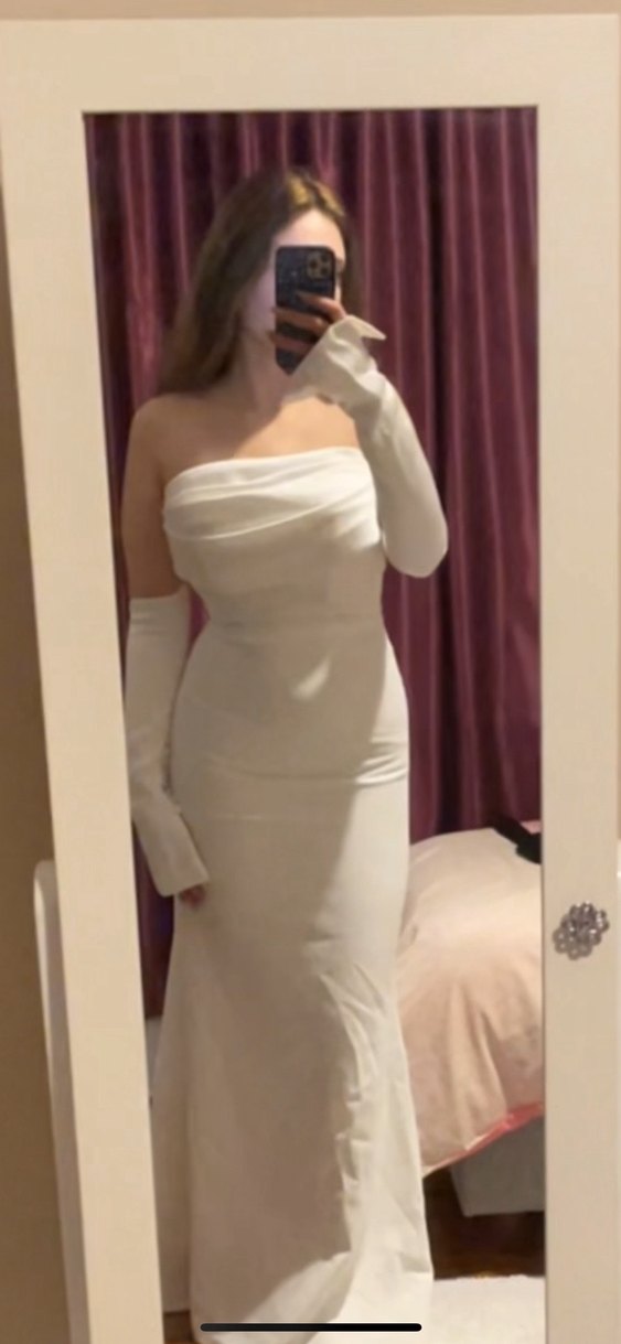 Uzun Kollu Straplez Beyaz nişan söz elbisesi - Görsel 3