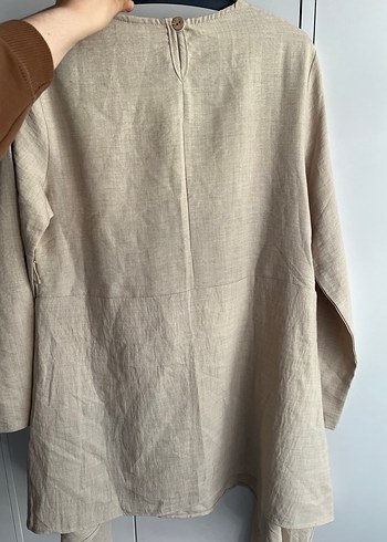 Bej Keten Kadın Tunik, Uzun Kollu, Düğmeli - Görsel 3