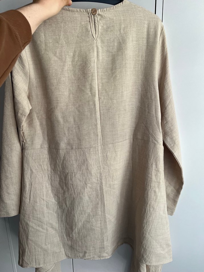 Bej Keten Kadın Tunik, Uzun Kollu, Düğmeli - Görsel 3