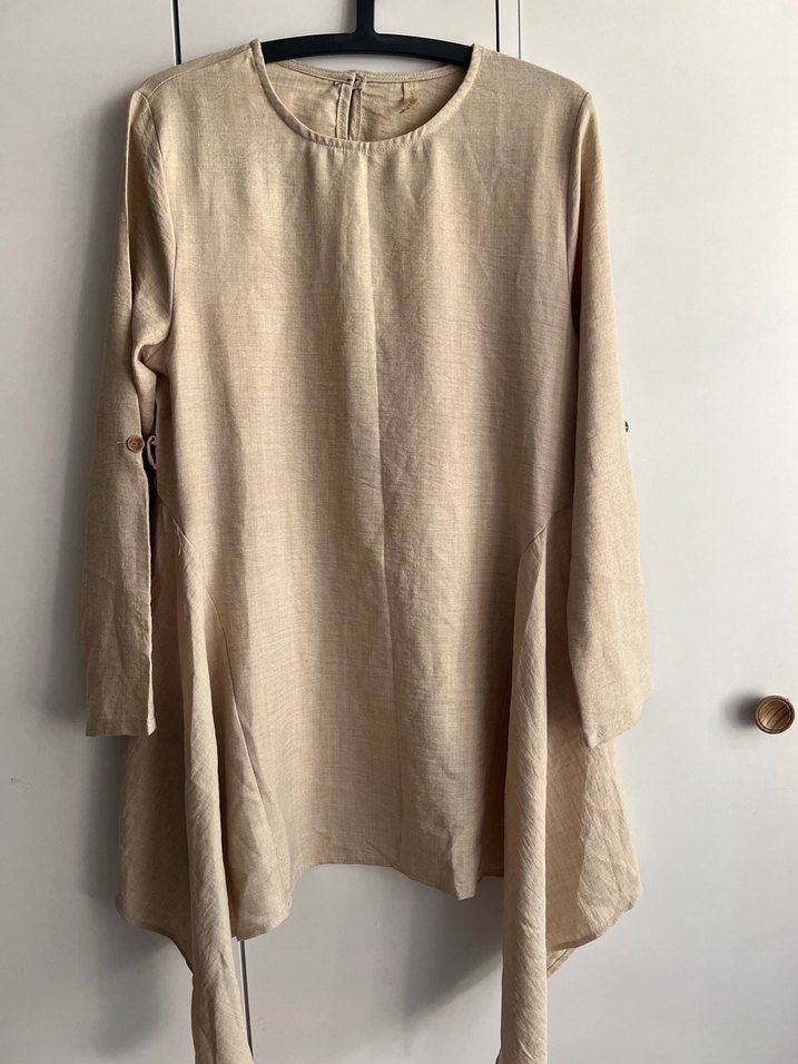 Bej Keten Kadın Tunik, Uzun Kollu, Düğmeli - Görsel 2