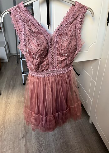 s Beden Dantel Detaylı Bohem Pembe Midi Elbise