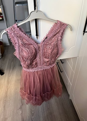 Dantel Detaylı Bohem Pembe Midi Elbise